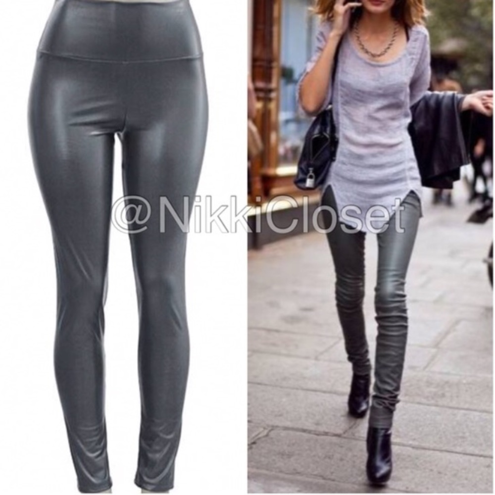 Faux leather high waisted leggings Sexy Burgundy - Picture 2 of 4